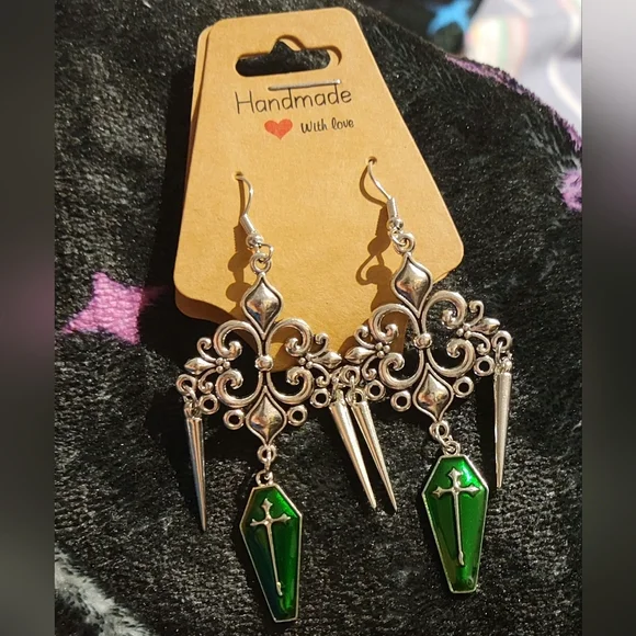 Green Coffin Dangle Earrings w/ Silvertone Spikes Gothic Handmade Punk Emo Goth - Picture 7 of 10